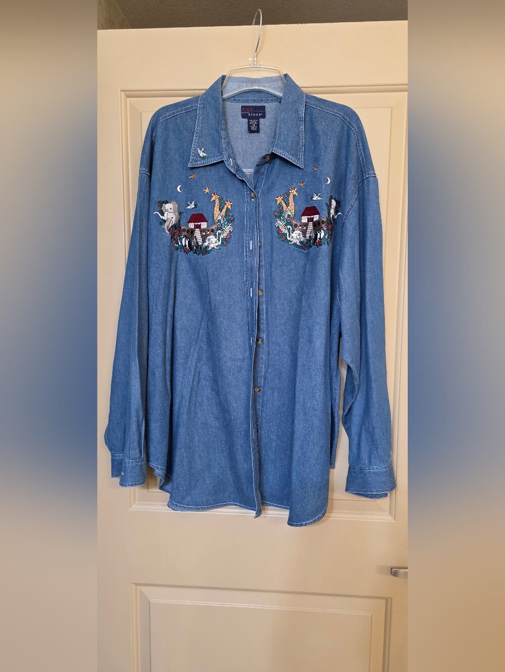 Vintage CST Blues Denim Shirt Women's 30 4XL Noah's Ark Animal Embroidered Y2K